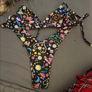 Kulani Kinis Black Floral Paisley Print Triangle Bikini